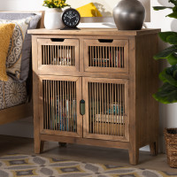 Baxton Studio LD19A006-Medium Oak-Cabinet Clement Rustic Transitional Medium Oak Finished 2-Door and 2-Drawer Wood Spindle Accent Storage Cabinet